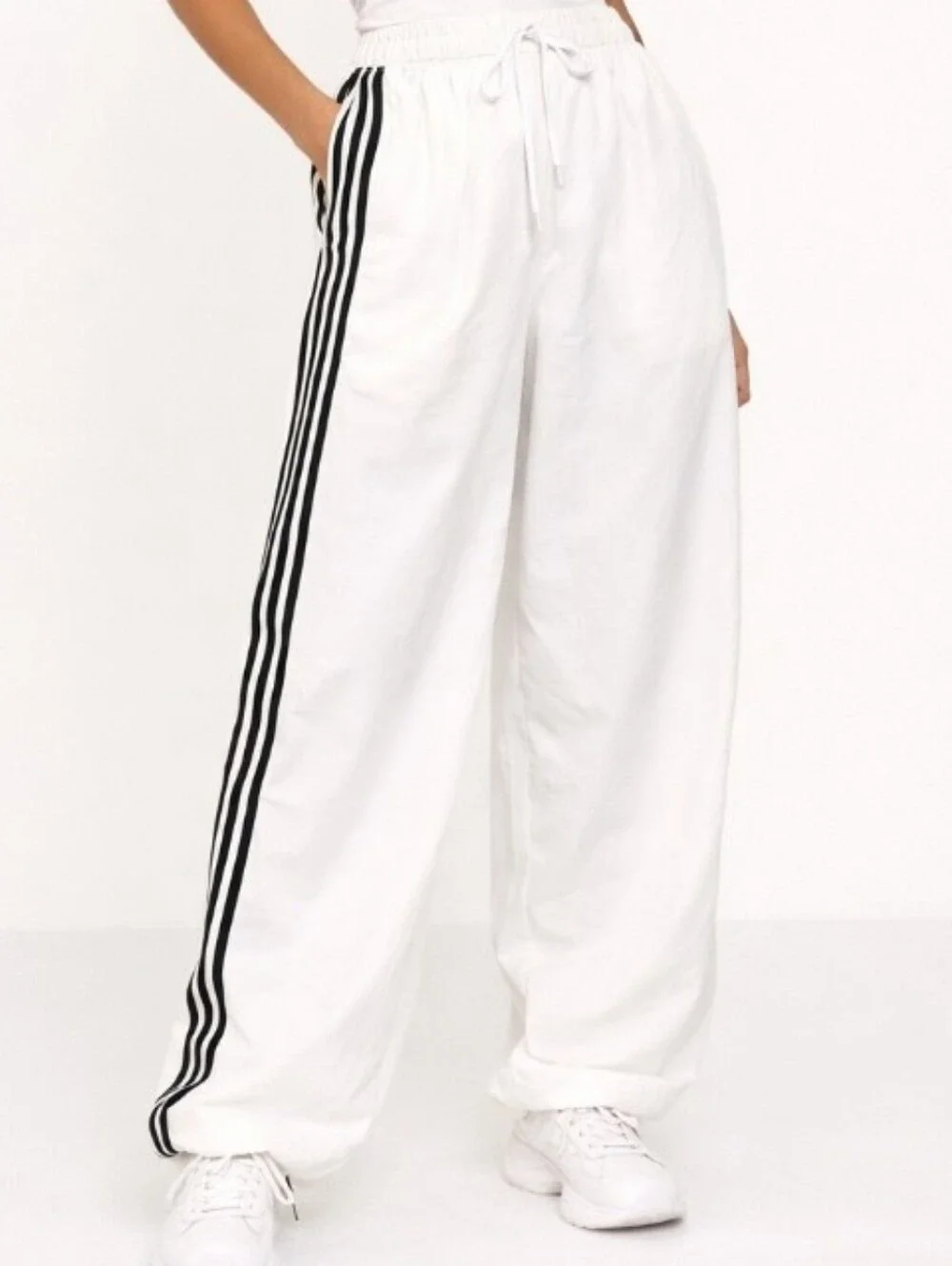 Love Tree White Wide-Leg NylonTrack Pants with Black Side Stripes Large - Picture 2 of 8
